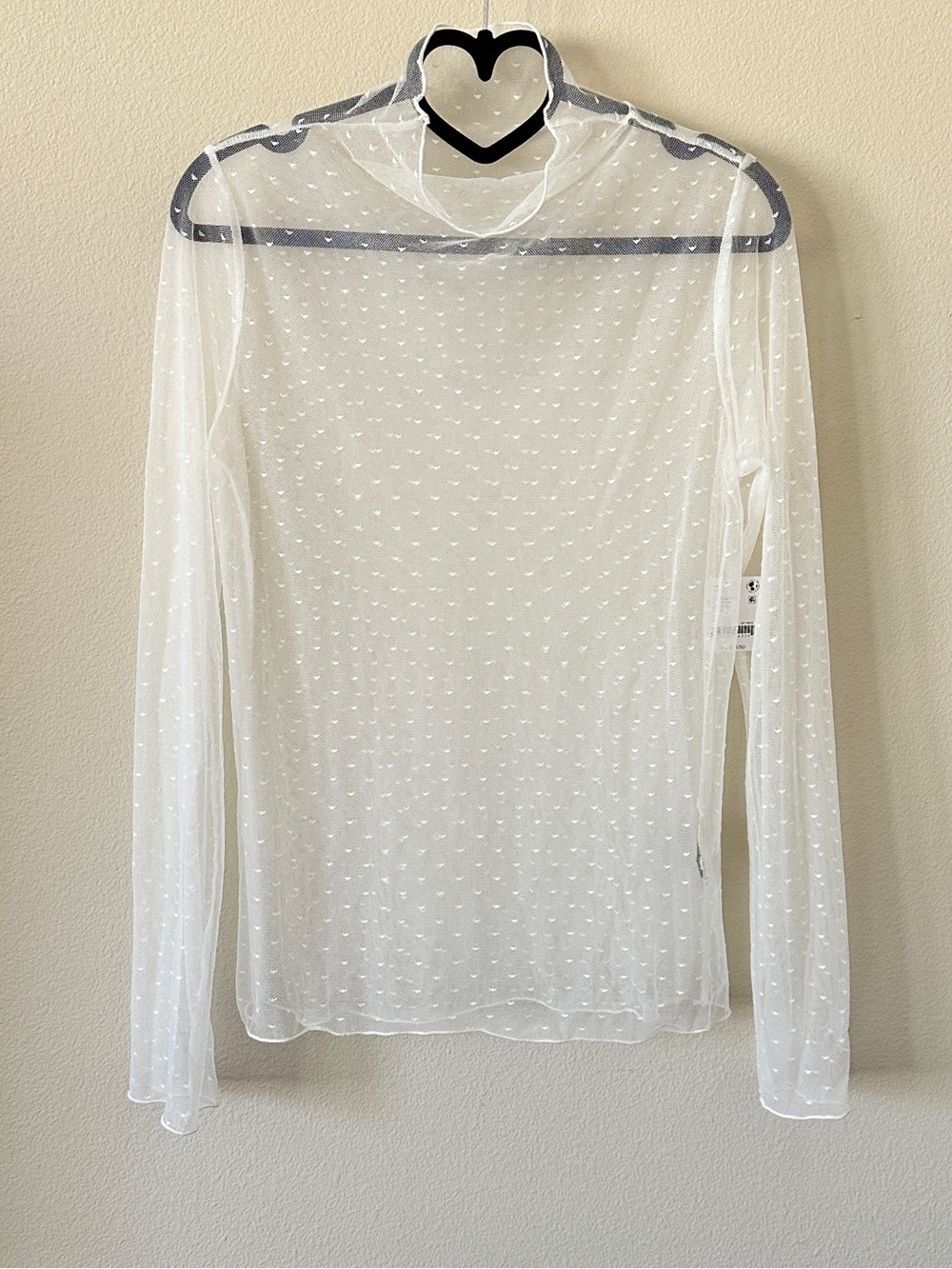 Sheer Mesh Cream Heart Design Long Sleeve Mock Neck Layering Boho Top Size S
